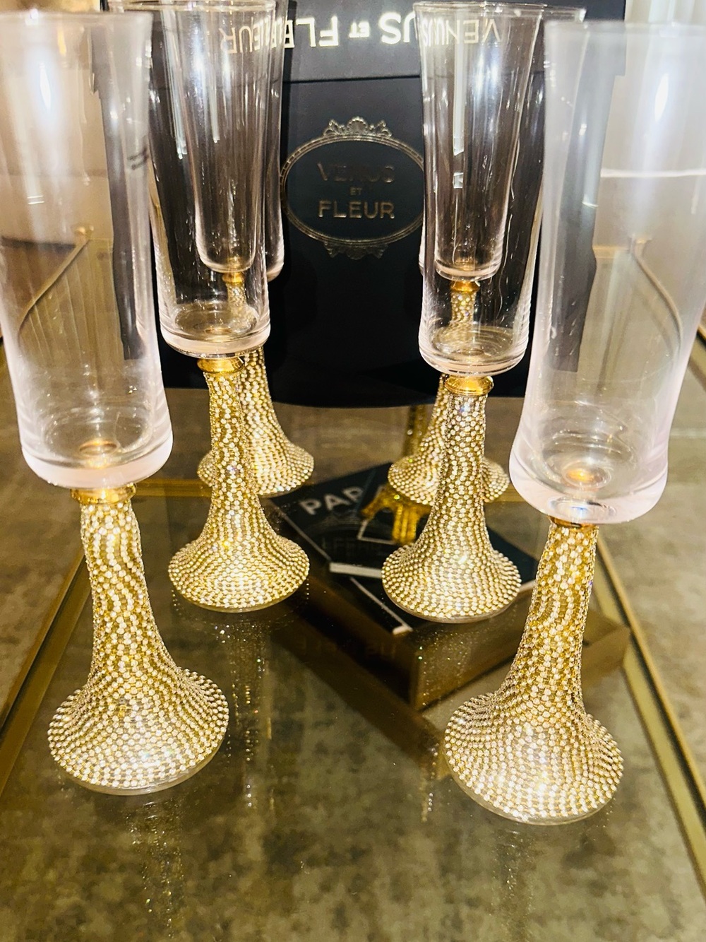Sparkling Gold Jeweled Stem Champagne Flutes - Set of 6 New